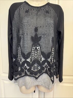 Democracy Black Crochet Lace Front Long Sleeve Top sz Med